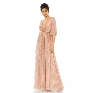 Mac Duggal Sequined Surplice Tulle Gown Evening Dress Pink